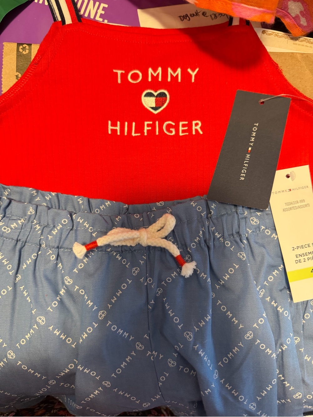 Tommy Hilfiger Red Tank with Blue Logo-Print Shorts